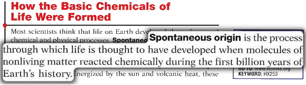 Spontaneous origin is the process through which life is thought to have developed when molecules of nonliving matter reacted chemically during the first billion years of Earth's history.